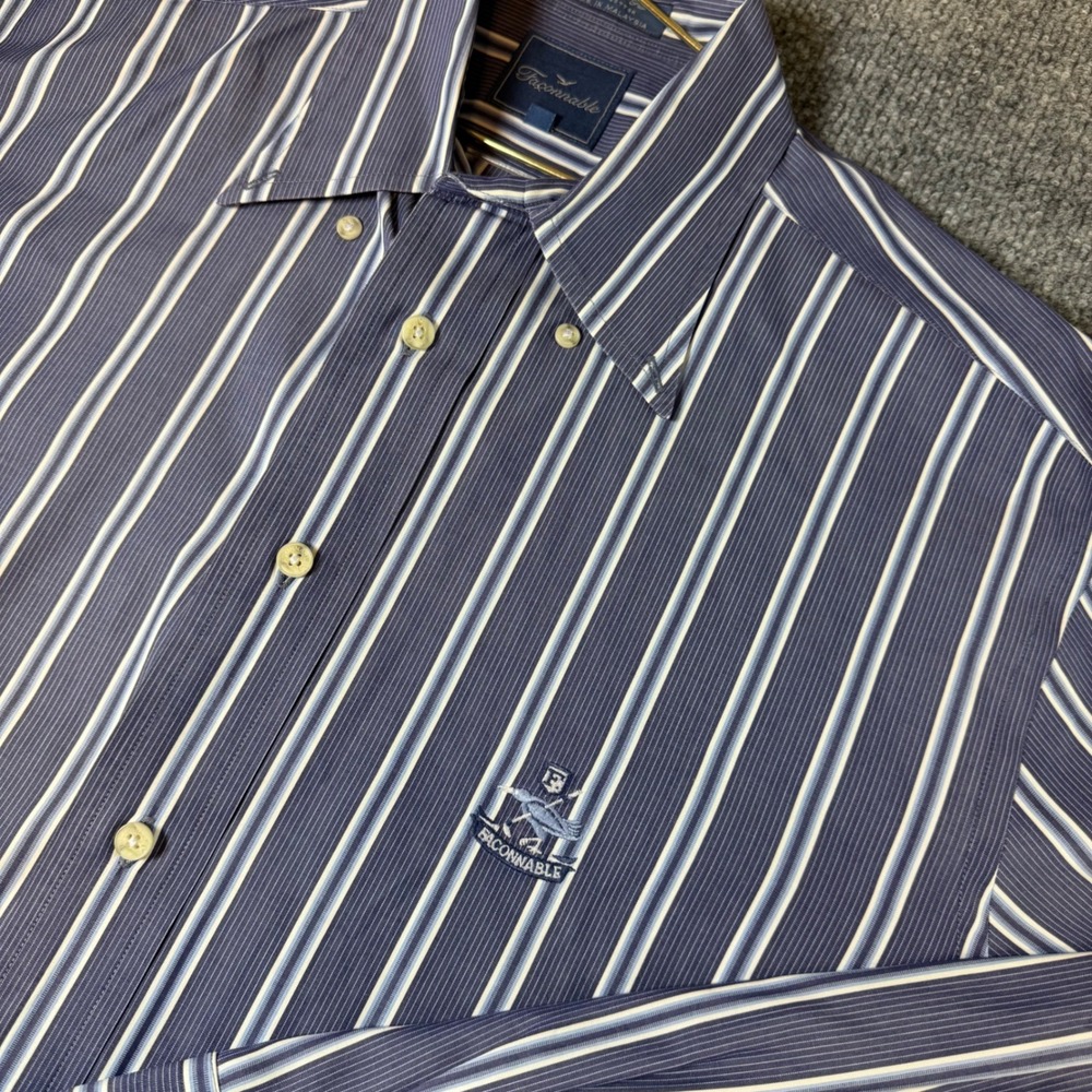 Faconnable Mens Medium Blue White Striped Cotton Button Down Shirt Crest Logo